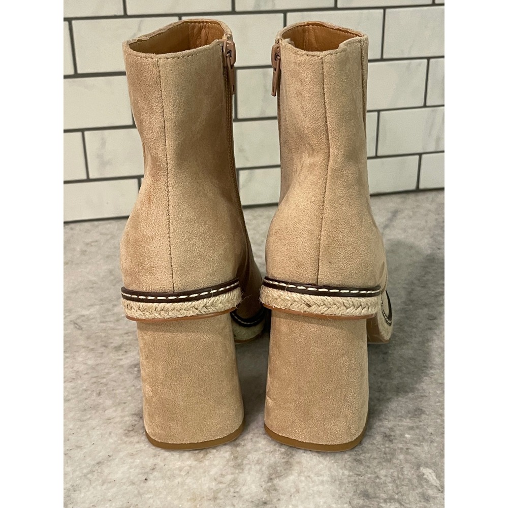 Mi.iM Ankle Boots Women 9 Tan Suede Block Heel Espadrille Trim Square Toe Zip - Picture 4 of 9